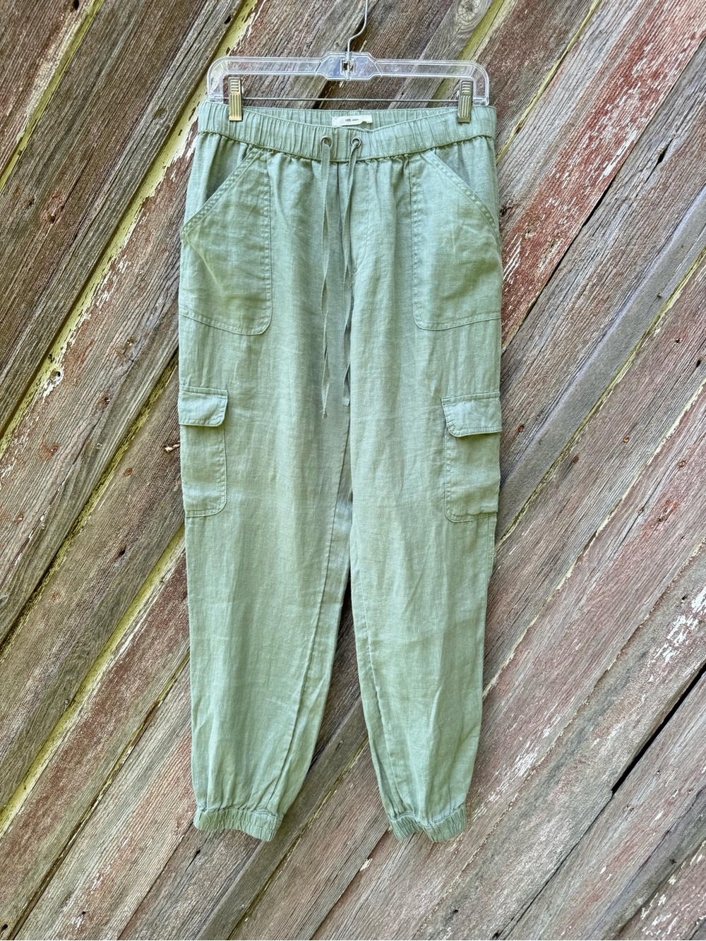 Nicole Miller 100% Linen Sage Green Cargo Jogger Pants Medium